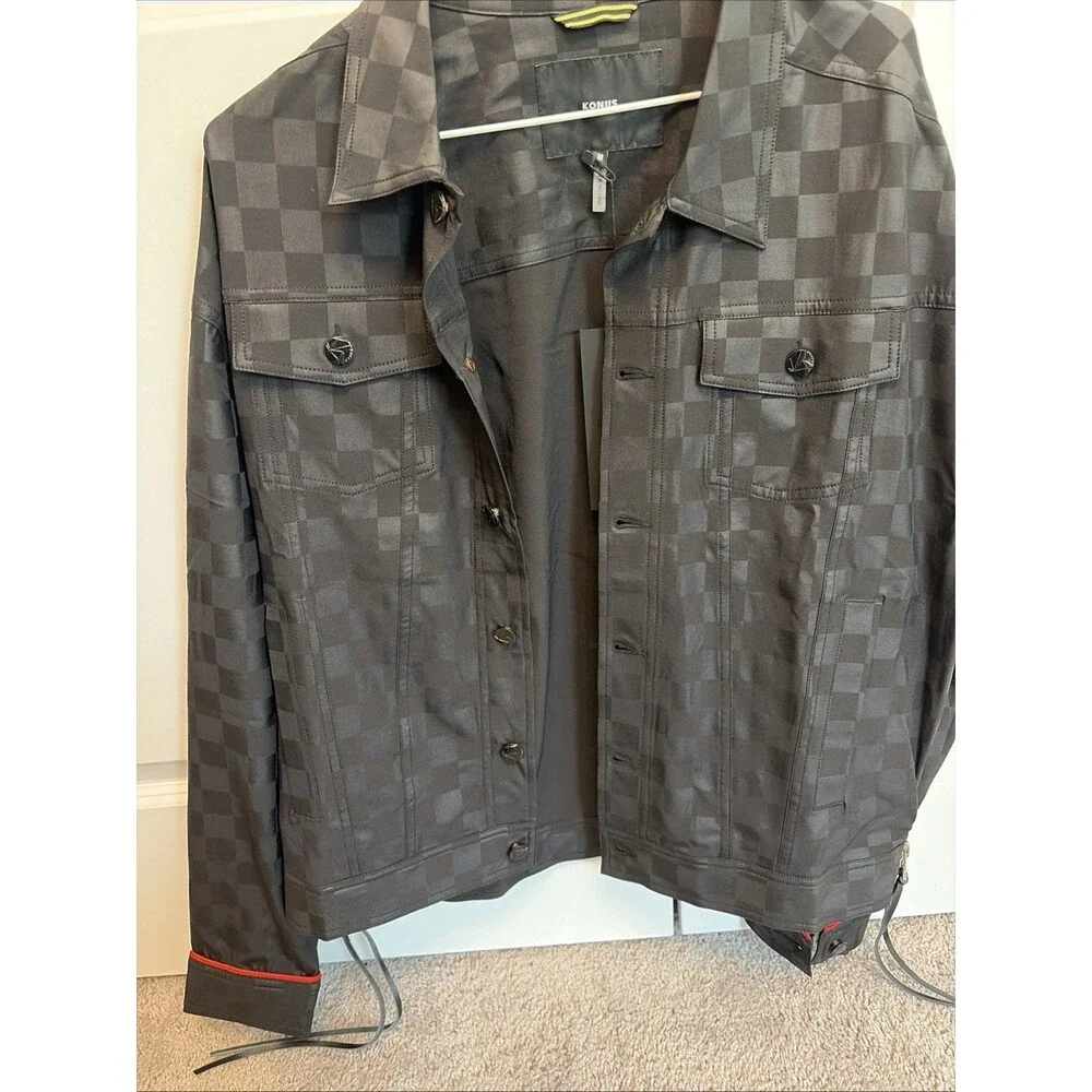 Konus Men's Tonal Checker Trucker Jacket in Black , Checkered Coat, Medium Size